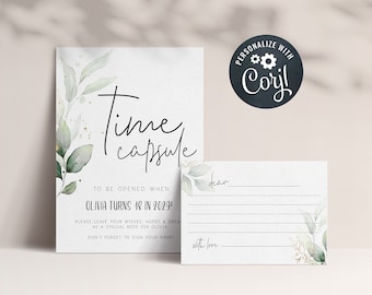 EDITABLE Time Capsule for First Birthday, Gold Greenery, First Birthday Party, Time Capsule Template Matching Cards, Printable Capsule GGF