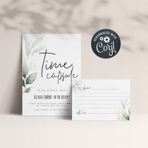 EDITABLE Time Capsule for First Birthday, Gold Greenery, First Birthday Party, Time Capsule Template Matching Cards, Printable Capsule GGF