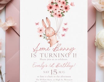 Some Bunny is One 1st Birthday Invite, Bunny First Birthday Editable Invitation, Pink Bunny is One Birthday Invitation Template, Rabbit SBIO