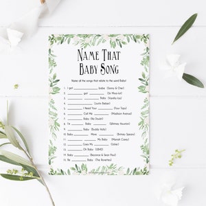 Name That Baby Song Game, Printable Baby Shower Games, Greenery Baby ...