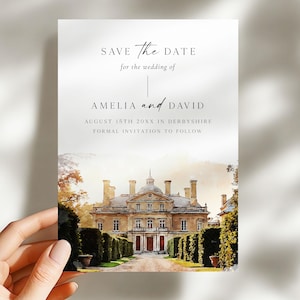 Unique Wedding Venue Save the Date Cards Stylish Watercolor Wedding Venue Save The Date, Printed Illustrated Wedding Save The Date Cards