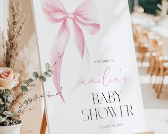 Pink Bow Baby Shower Welcome Sign, Pink Bow Baby Shower Welcome Sign Printable, Editable Pink Bow Baby Shower Sign Template, Baby Shower PBB
