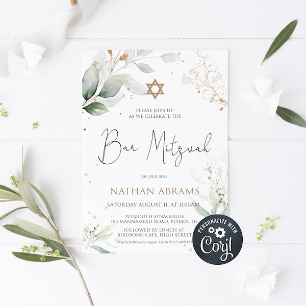 EDITABLE Bar Mitzvah Invitation Template, Gold Floral Printable Bat Mitzvah Invitation, Bar Mitzvah, Gold Bat Mitzvah Invitation Boy Girl