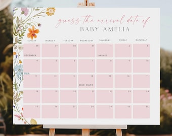Baby Arrival Date Calendar Sign, A Little Wildflower Guess the Birthday Baby Shower Game Guess Baby's Birth Date Fun Baby Shower Games LWFB