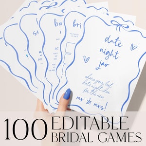 Sjabloon 100 blauwe vrijgezellenfeestspellen, iets blauws voordat ik vrijgezellenfeestspellen doe, handgetekende lint vrijgezellenspellen, doodle STB