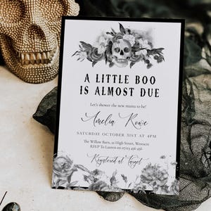 Gothic Halloween Baby Shower Invitation, A Little Boo is Almost Due Baby Shower Invite, Editable Halloween Baby Shower Invite LB1