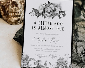 Gothic Halloween Baby Shower Invitation, A Little Boo is Almost Due Baby Shower Invite, Editable Halloween Baby Shower Invite LB1