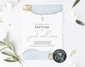 EDITABLE Baptism Invitation Template, Blue and GoldPrintable Baptism Invitation, Blue Gold Baptism Invite, Instant Download, Boy Girl BBG1