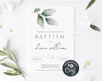 EDITABLE Baptism Invitation Template, Botanical Baptism Invite, Boy Girl Baptism Invite, Printable Invitation, Greenery Leaves, Baptism