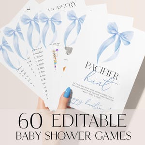60 Blue Bow Baby Shower Games, Blue Bow Games Printable, Blue Bows Baby Shower Games Bundle, Blue Minimalist Baby Party Games Pack BBB