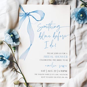 Algo azul antes de hacerlo, plantilla de invitación para despedida de soltera con lazo azul, invitación para despedida de soltera con lazo azul antes de hacerlo, invitación azul editable STB
