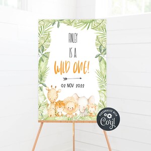 Editierbares Willkommensschild zum ersten Geburtstag, Willkommensschild Wild One Birthday, Dschungel Tiere, 1. GeburtstagSparty Willkommensschild, Editierbares Schild SF4