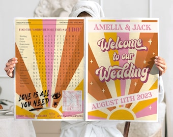 Retro 70s Wedding Newspaper Program Template, Editable Wedding Newspaper Program, Wedding Ceremony Template, Printable Download, Festival NP