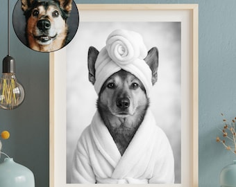 Custom Funny Pet Portrait Pet Bathroom Wall Art, Dog in Bathrobe Towel, Funny Dog Portrait, Personalized Pet Gift, Dog In Robe, Fun Pet Art