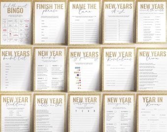 20 New Years Game Bundle, Druckbare Familienspiele, virtuelle Partyspiele, Gold Neujahrsaktivität, Erwachsene Spiele, Spiele für Kinder, Sofortiger Download