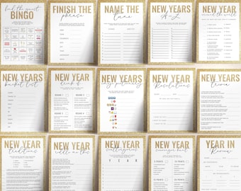 20 New Years Game Bundle, Printable Family Games, Virtual Party Games, Gold New Year Activity, Adult Games, Games for Kids, Instant Download