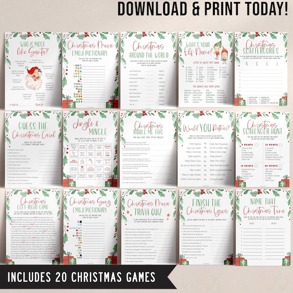 20 Christmas Games Bundle, Christmas Party Games, School Christmas Games, Christmas Games Printable, Office Christmas, Family Christmas Game