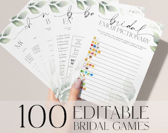 May include: A set of printable bridal shower games with a green watercolor floral design. The games include "Who Knows the Bride", "Bride or Groom", "Match the Quote", and "Emoji Pictionary".