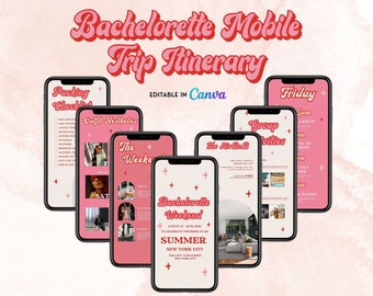 May include: A mobile phone screen displaying a bachelorette party itinerary with a pink and white color scheme. The itinerary includes a packing checklist, outfit aesthetics, a weekend schedule, an AirBnB description, group activities, and a Friday schedule. The text on the screen reads "Bachelorette Mobile Trip Itinerary" and "Editable in Canva".