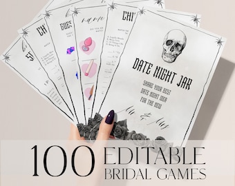 May include: A set of 100 printable bridal shower games with a spooky Halloween theme. The games include "Who Knows the Bride", "Guess the Quote", "Match the Item", and "Date Night Jar".