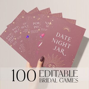 May include: A stack of pink and gold cards with the text "Date Night Jar" and "100 Editable Bridal Games". The cards feature illustrations of a sun, stars, and other celestial elements.