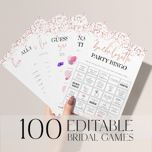 100 Bachelorette Games Bundle, Rose Gold Bachelorette Party Games, Editable Games Template, Hen Party Games Bundle, Bridal Shower Games RGC