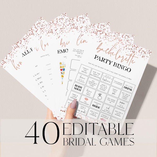 40 Bachelorette Party Games Bundle, Rose Gold Bachelorette, Dirty Bachelorette Games, Printable Editable Template, Hen Party Games, RGC