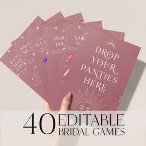 May include: A set of 40 printable bridal shower game cards with a pink background and gold accents. The cards feature a variety of games, including "Guess the Position", "Guess What's in the Mostcor", "Do You Know the Match", "Bach. Self. Cha", and "Drop Your Panties Here".
