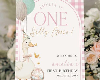 Letrero de bienvenida para el primer cumpleaños de Silly Goose de Pink One, letrero de bienvenida para el primer cumpleaños de Silly Goose editable, letrero de bienvenida para el primer cumpleaños de Silly Goose OSG