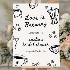 Coffee Bridal Shower Welcome Sign, Love is Brewing Bridal Shower Welcome Sign, Editable Hand Drawn Doodle Coffee Bridal Welcome Sign LIB