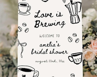 Coffee Bridal Shower Welcome Sign, Love is Brewing Bridal Shower Welcome Sign, Editable Hand Drawn Doodle Coffee Bridal Welcome Sign LIB