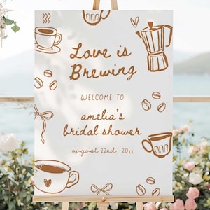 Coffee Bridal Shower Welcome Sign, Love is Brewing Bridal Shower Welcome Sign, Editable Brown Doodle Coffee Bridal Welcome Sign LIB