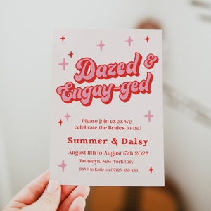 70s groovy style dazed and engayged same sex bachelorette party invitation suite