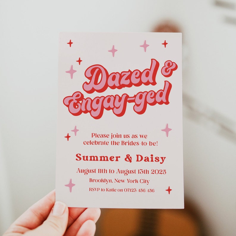 70s groovy style dazed and engayged same sex bachelorette party invitation suite