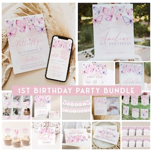 Vlinder EERSTE VERJAARDAG Party Bundel, Bewerkbare Roze Vlinder Deel 1e Verjaardag Uitnodiging Set, Vlinder Eerste Verjaardag Party Decor BF2
