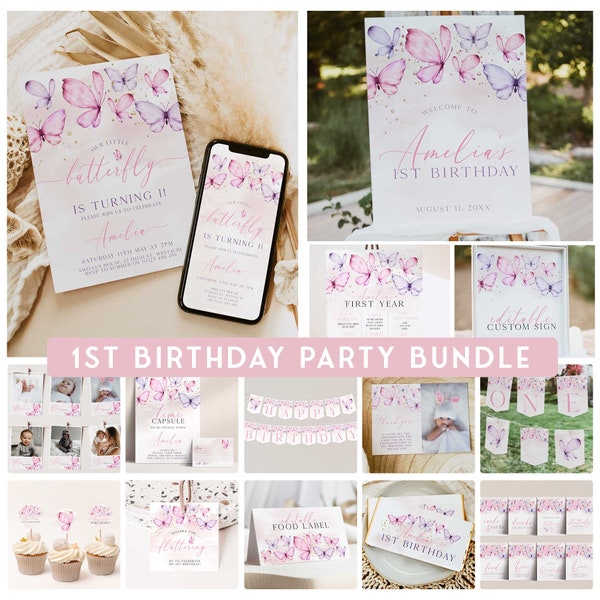 Butterfly FIRST BIRTHDAY Party Bundle, Editable Pink Butterfly Part 1st Birthday Invitation Set, Butterfly First Birthday Party Decor BF2