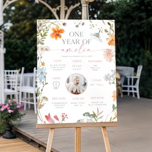 May include: A wooden easel displays a floral-themed sign for a first birthday. The sign reads "One Year of Amelia" with details including weight, height, favorite foods, and nicknames. The sign is decorated with watercolor flowers.