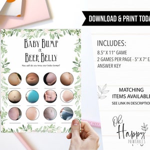 Baby Bump or Beer Belly Game, Printable Baby Shower Games, Greenery ...