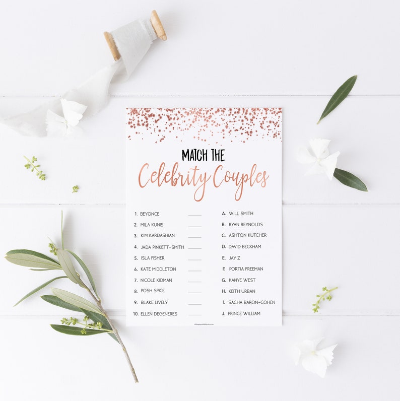 Bridal Shower Game Match Celebrity Couples Rose Gold Bridal Etsy