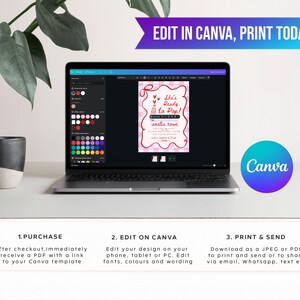 May include: A laptop displays a pink and white invitation design with the text "She's Ready to Pop!" and "aneba rowe." The screen shows the Canva interface. The image also includes the Canva logo and instructions for purchase, editing, and printing.