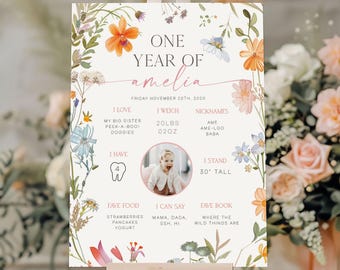 Póster del primer cumpleaños de Little Wildflower, estadísticas de mi primer año, Little Wildflower, Canva editable, estadísticas del primer año del bebé, LWF