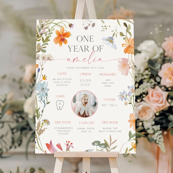 A Little Wildflower 1st Birthday Milestone Poster, My First Year Stats Little Wildflower Editable Canva First Year Baby Stats LWF