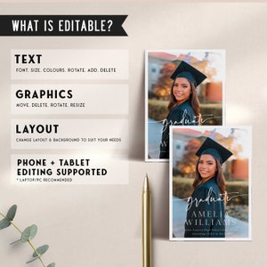 photo graduation announcement card. Fully editable and can print at home or with any print shop. Announce one your the proudest moments of your life with this beautiful graduation announcement card