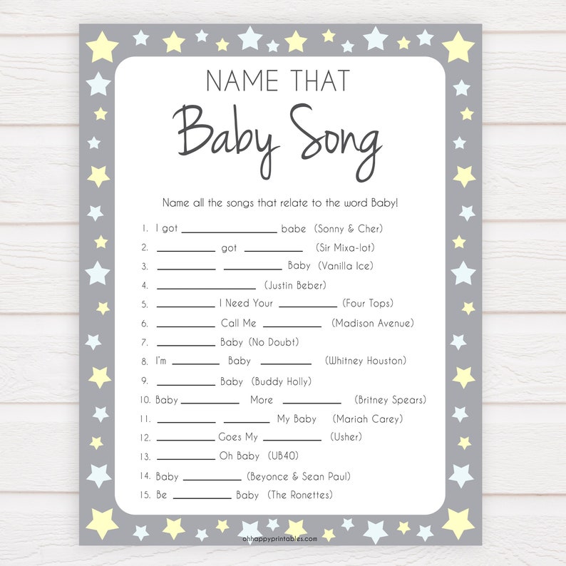 Grey Yellow Stars Name That Song Baby Shower Game Baby Song Etsy