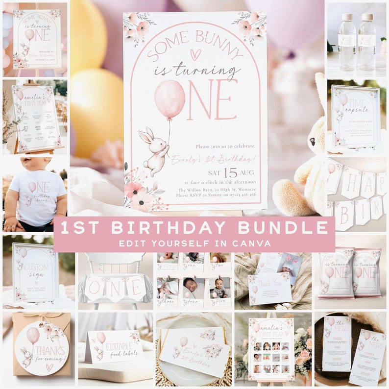 Some Bunny Is One Birthday Party Bundle, Some Bunny Is One Editable Birthday, A Little Bunny 1st Party Bundle, First Birthday Bundle SBIO image 1