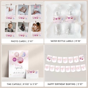first trip around the sun birthday party bundle in a pink solar theme. The bundle is fully editable and includes items such as invitations, welcome signs, first year sign, tags, labels, bunting and more