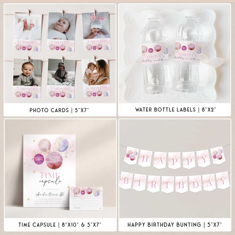 first trip around the sun birthday party bundle in a pink solar theme. The bundle is fully editable and includes items such as invitations, welcome signs, first year sign, tags, labels, bunting and more