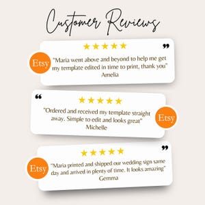 May include: Image featuring customer reviews with five-star ratings. The reviews are in white speech bubbles with the Etsy logo. The text includes positive feedback about template editing, ease of use, and shipping.