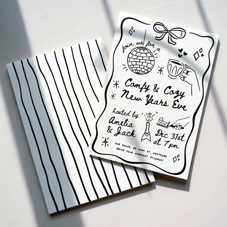 May include: Two white cards with black line art. One card has vertical stripes. The other card features a New Year's Eve party invitation with a disco ball, champagne, and the text "Comfy & Cozy New Years Eve".