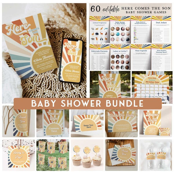 Editable SUNSHINE Baby Shower Party Bundle Retro Here Comes The Son Baby Shower Party Decor, Boho Sunshine Baby Shower Party Decor HC1